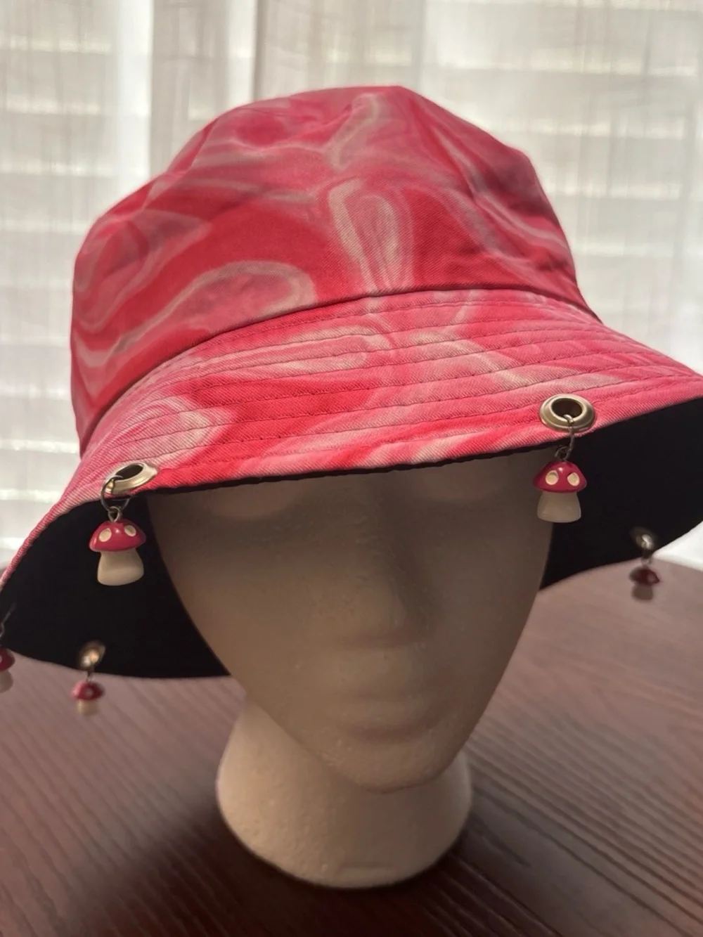 Pink Tie-Dye Bucket Hat with Mushroom Charms - Women Accessories